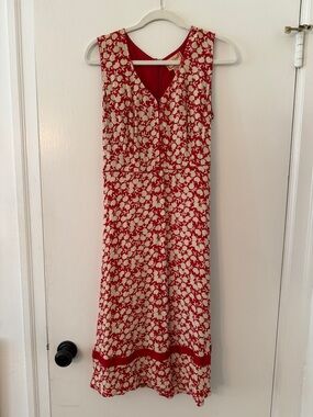 April Cornell Sleeveless Red and Cream Floral V-Neck Maxi Dress M